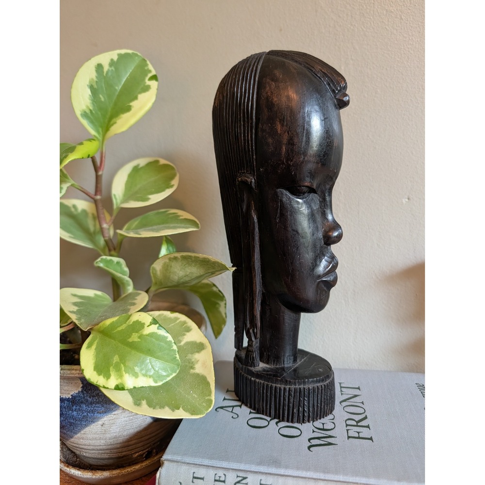 Vintage Mid Century East African Hand Carved Solid Ebony Wood Tribal Bust 9.5in